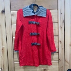 Mystree Wool Red and Gray Accent Sweater Jacket with Hood